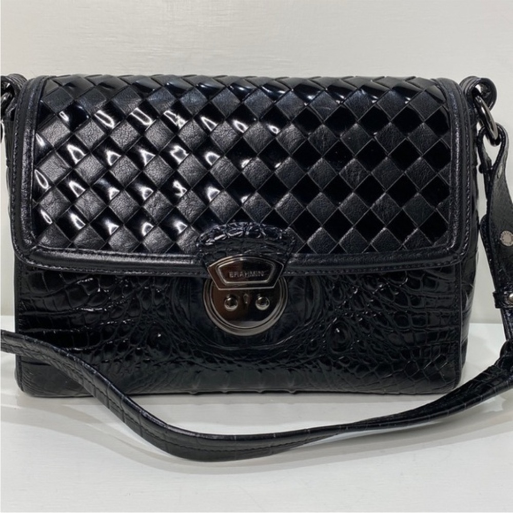BRAHMIN Black Croc Embossed / Woven Leather Shoulder Bag